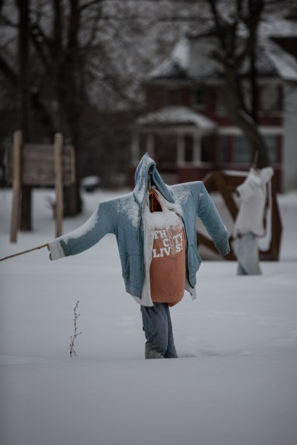 Scarecrow awaits winter's end at MUFI urban farm, Brush Street, Detroit © J. Ashley Nixon