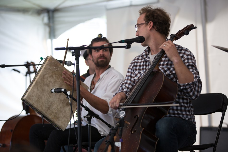 Galician traditional singer, Davide Salvado (playing Pandero Cuadrado de Peñaparda) with Ben Sollee (cello)