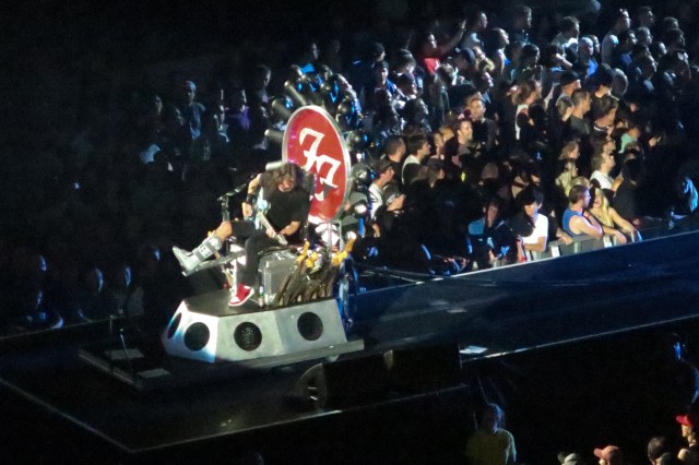 Dave Grohl performs from his customized guitar stool at the Scotiabank Saddledome, Calgary © J. Ashley Nixon