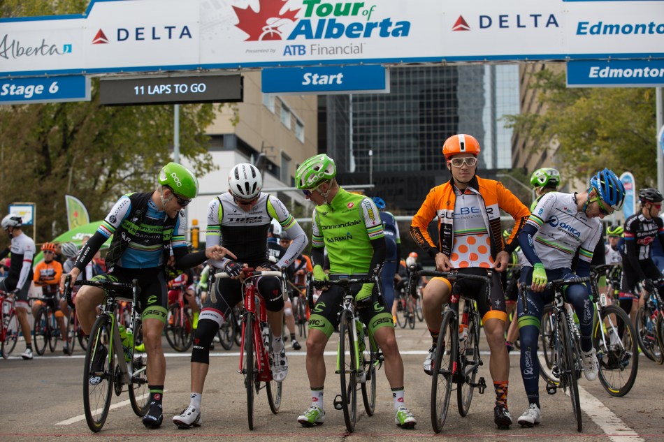 Cyclist checking the course: Lasse-Norman Hansen & Tom-Jelte Slagter (Cannondale-Garmin) confer with Bauke Mollema (Trek Factory Racing) before the start of Stage 6. Benjamin Perry (Silber Pro Cycling) and Adam Yates (Orica-GreenEdge) complete the line up. © J. Ashley Nixon