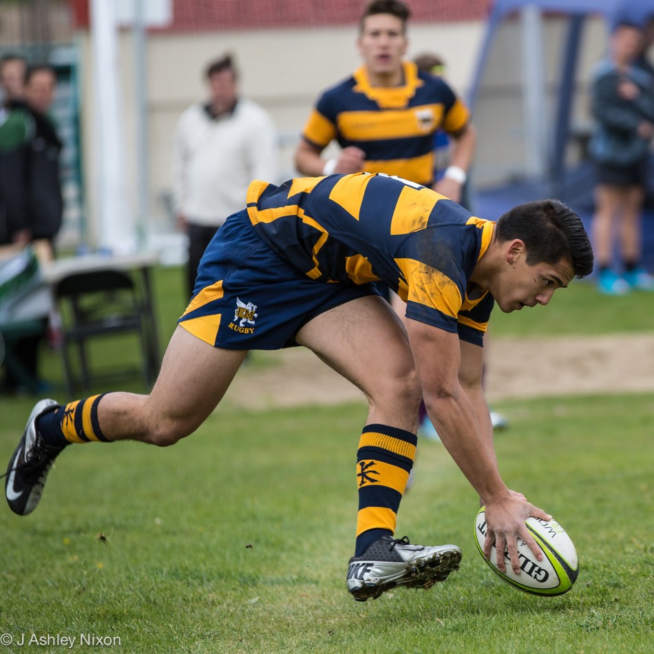 Chas scores a try for EWrnest manning High School in the West Island Colege rugby 7s tournament, May 20, 2016 in Calgary, Alberta, Canada © J. Ashley Nixon 