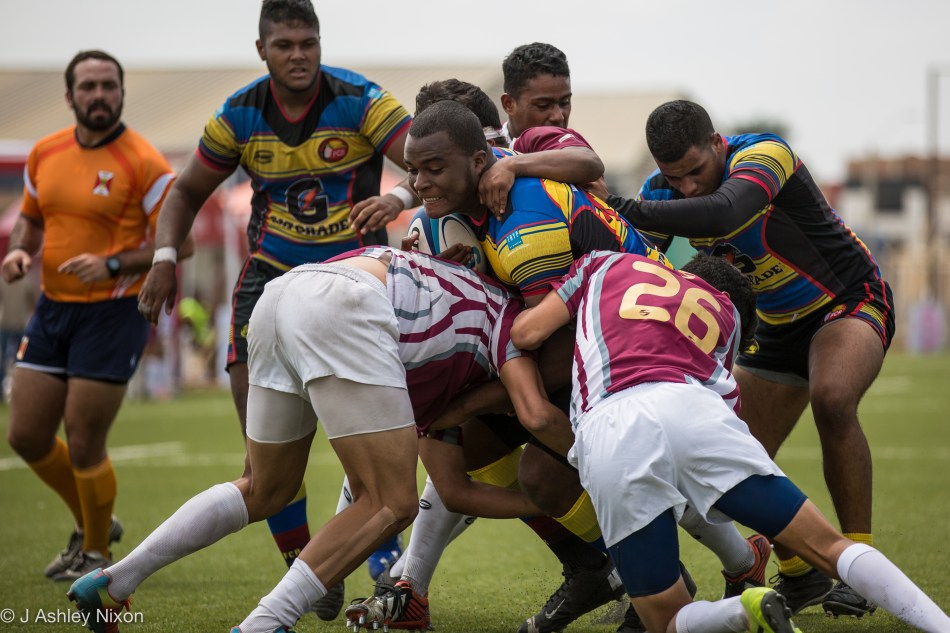 Packs in action in the international U18 rugby game between Venezuela and Colombia in Chiclayo, Lambayeque, Peru © J. Ashley Nixon