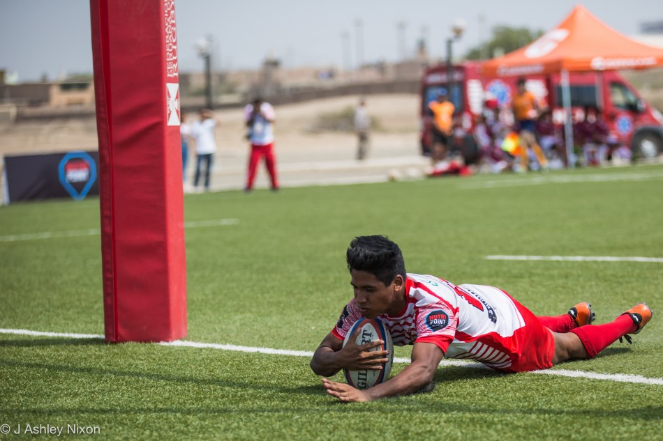 Diego Severino Salazar scores one of his three tries for Peru in their game against Venezuela in the South America U18 rugby tournament, Chiclayo, Peru. © J. Ashley Nixon