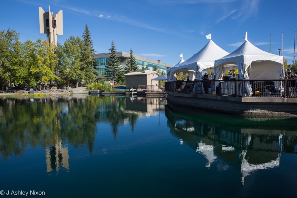 View from the back: Mount Royal University ampitheatre stage and lake during the Mother Mother gig. © J. Ashley Nixon