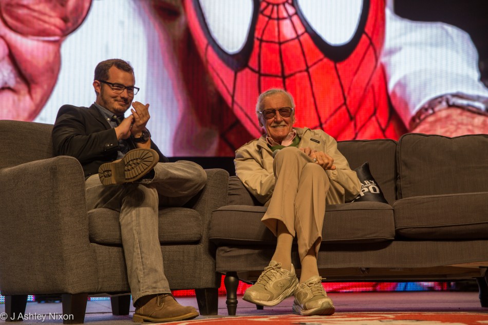 Stan Lee telling stories with host, Dan O'Brien on stage at the Calgary Expo 2016. © J. Ashley Nixon
