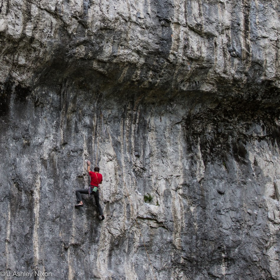Rock climber on the limestone face of Malham Cove, Yorkshire Dales National Park, Yorkshire, England. July 8, 2016. © J. Ashley Nixon