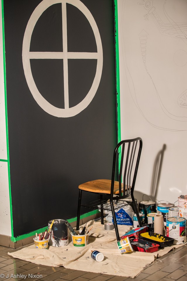 Blackfoot Medicine Wheel (in production). This work by Indigenous (Blackfoot) artist, Ryan Jason Allen Willert HeavyShield, is part of a series of wall paintings at Mount Royal University, Calgary, Canada. © J. Ashley Nixon